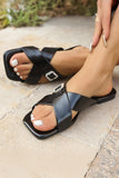 Black Criss Cross Rhinestone Buckle Decor Square Toe Slippers