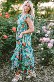 Green Floral Print Sleeveless Ruffle Tiered Maxi Dress