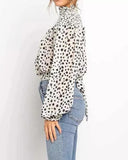 Leopard Print High Neck Lantern Long Sleeve Tied Detail Blouse Loose Casual Tops