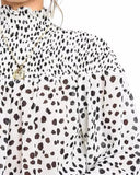 Leopard Print High Neck Lantern Long Sleeve Tied Detail Blouse Loose Casual Tops