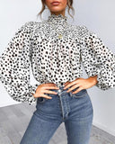 Leopard Print High Neck Lantern Long Sleeve Tied Detail Blouse Loose Casual Tops