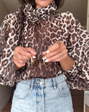 Leopard Print High Neck Lantern Sleeve Casual Tied Detail Blouse