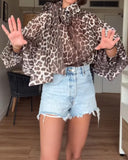 Leopard Print High Neck Lantern Sleeve Casual Tied Detail Blouse