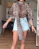 Leopard Print High Neck Lantern Sleeve Casual Tied Detail Blouse