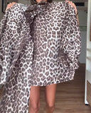 Leopard Print High Neck Lantern Sleeve Casual Tied Detail Blouse