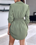 Button Down Shirt Dress Roll Tab Sleeve Side Drawstring Mini Dresses