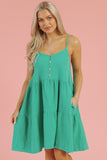 Sea Green Textured Buttoned Thin Strap Tiered Loose Fit Mini Dress