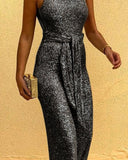 Glitter Round Neck Sleeveless Backless Sequins Jumpsuit