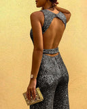 Glitter Round Neck Sleeveless Backless Sequins Jumpsuit