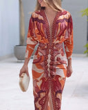 Vintage Baroque Long Sleeve Plunge V Neck Bodycon Dress Sexy Slim Fit Midi Dress