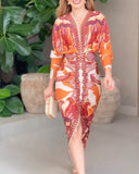 Vintage Baroque Long Sleeve Plunge V Neck Bodycon Dress Sexy Slim Fit Midi Dress