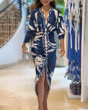 Floral Print Ruched V Neck Gigot Sleeve Party Dress Front Slit Cinched Waist Slim Fit Dress