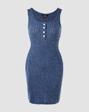 Pocket Design Ribbed Tank Dress Sleeveless Button Front Pullover Bodycon Mini Dresses