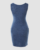 Pocket Design Ribbed Tank Dress Sleeveless Button Front Pullover Bodycon Mini Dresses