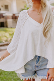 White Eyelet Patchwork High Low Hem V Neck Oversized Top