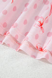 Pink Bow Knot Polka Dot Print Short Sleeve Top Lounge Set