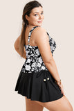 Black Plus Size Printed Square Neck Drawstring Ruffled Tankini Set