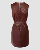 V Neck Sleeveless Casual Slim Fit PU Dress