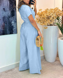 Round Neck Short Sleeve Tied Detail Wide Leg Casual Jumpsuit