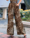 Leopard Print Bandeau Sleeveless Jumpsuit Casual Pocket Design Wide Leg Romper