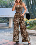 Leopard Print Bandeau Sleeveless Jumpsuit Casual Pocket Design Wide Leg Romper