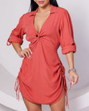 Turn down Collar Twist Shirt Dress Casual Drawstring Roll Up Sleeve Mini Dress