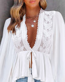 Plunge Lantern Sleeve Lace Patch Tied Detail Top