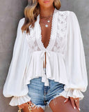 Plunge Lantern Sleeve Lace Patch Tied Detail Top