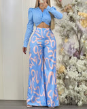 2 Pieces Outfit Turn down Collar Puff Sleeve Twist Crop Top and Casual Abstract Print Elastic Back Waist High Waist Wide Leg Pants Set