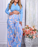 2 Pieces Outfit Turn down Collar Puff Sleeve Twist Crop Top and Casual Abstract Print Elastic Back Waist High Waist Wide Leg Pants Set