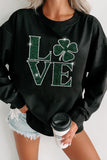 Black Rhinestone LOVE Clover Graphic St Patricks Pullover Sweatshirt