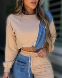 2 Piece Long Sleeve Demin Patchwork Crop Drawstring Sweatshirt High Waist Pants Set Tracksuit