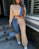 2 Piece Long Sleeve Demin Patchwork Crop Drawstring Sweatshirt High Waist Pants Set Tracksuit