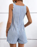 Striped Print U Neck Sleeveless Romper Casual Pocket Design Button Decor Jumpsuit