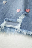 Beau Blue Shimmer Heart Pattern Distressed Denim Mini Skirt