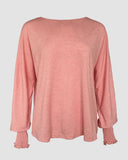 Round Neck Shirred Lantern Sleeve Long Sleeve Softy Basic T Shirt Casual Tee