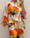 2 Pieces Outfit Floral Print Skew Neck Batwing Sleeve Top and Casual Loose Fit Straight Leg Pants Set