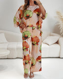 2 Pieces Outfit Floral Print Skew Neck Batwing Sleeve Top and Casual Loose Fit Straight Leg Pants Set