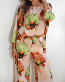 2 Pieces Outfit Floral Print Skew Neck Batwing Sleeve Top and Casual Loose Fit Straight Leg Pants Set