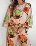 2 Pieces Outfit Floral Print Skew Neck Batwing Sleeve Top and Casual Loose Fit Straight Leg Pants Set