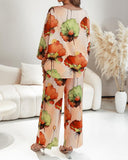 2 Pieces Outfit Floral Print Skew Neck Batwing Sleeve Top and Casual Loose Fit Straight Leg Pants Set