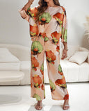 2 Pieces Outfit Floral Print Skew Neck Batwing Sleeve Top and Casual Loose Fit Straight Leg Pants Set