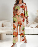 2 Pieces Outfit Floral Print Skew Neck Batwing Sleeve Top and Casual Loose Fit Straight Leg Pants Set