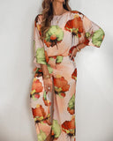 2 Pieces Outfit Floral Print Skew Neck Batwing Sleeve Top and Casual Loose Fit Straight Leg Pants Set