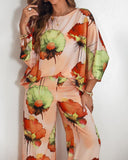 2 Pieces Outfit Floral Print Skew Neck Batwing Sleeve Top and Casual Loose Fit Straight Leg Pants Set