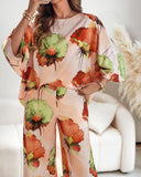 2 Pieces Outfit Floral Print Skew Neck Batwing Sleeve Top and Casual Loose Fit Straight Leg Pants Set