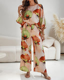 2 Pieces Outfit Floral Print Skew Neck Batwing Sleeve Top and Casual Loose Fit Straight Leg Pants Set