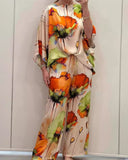 2 Pieces Outfit Floral Print Skew Neck Batwing Sleeve Top and Casual Loose Fit Straight Leg Pants Set