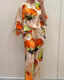 2 Pieces Outfit Floral Print Skew Neck Batwing Sleeve Top and Casual Loose Fit Straight Leg Pants Set