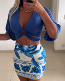 2 Pieces Summer Outfits Plunge V Neck Short Sleeve Top and Floral Print Bodycon Split Skirt Set